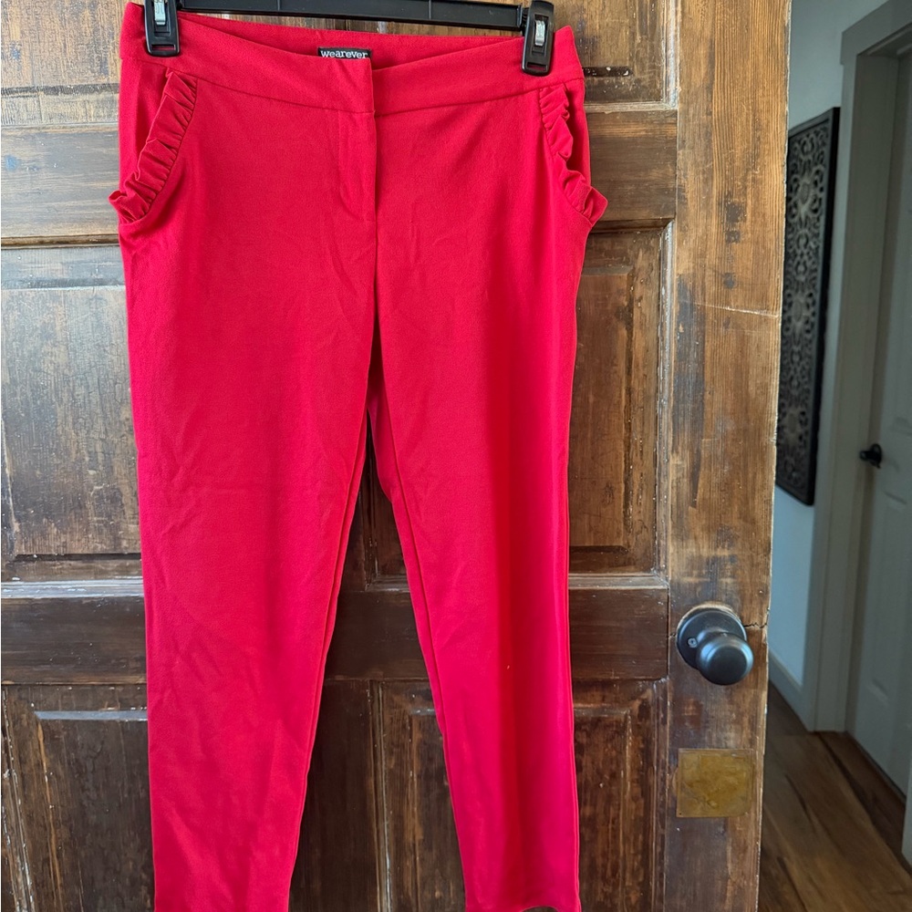 Red Ruffle Pocket Stretch Pants for Women
